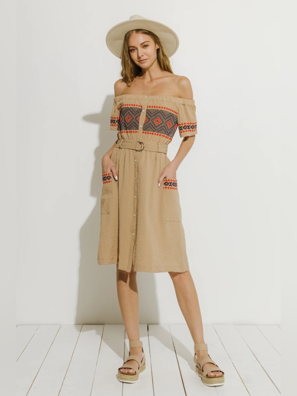 ENDLESS ROSE Off the Shoulder Embroidered Dress in Beige
Size Medium